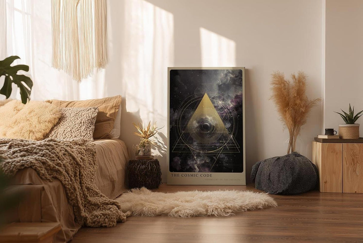 Paul Sinus Wandbild in 40x60cm The Cosmic Code – Faszinierende Weltraumkomposition mit goldenem geometrischem Dreieck und mystischen Nebelstrukturen