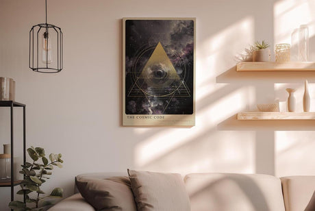 Paul Sinus Wandbild in 40x60cm The Cosmic Code – Faszinierende Weltraumkomposition mit goldenem geometrischem Dreieck und mystischen Nebelstrukturen