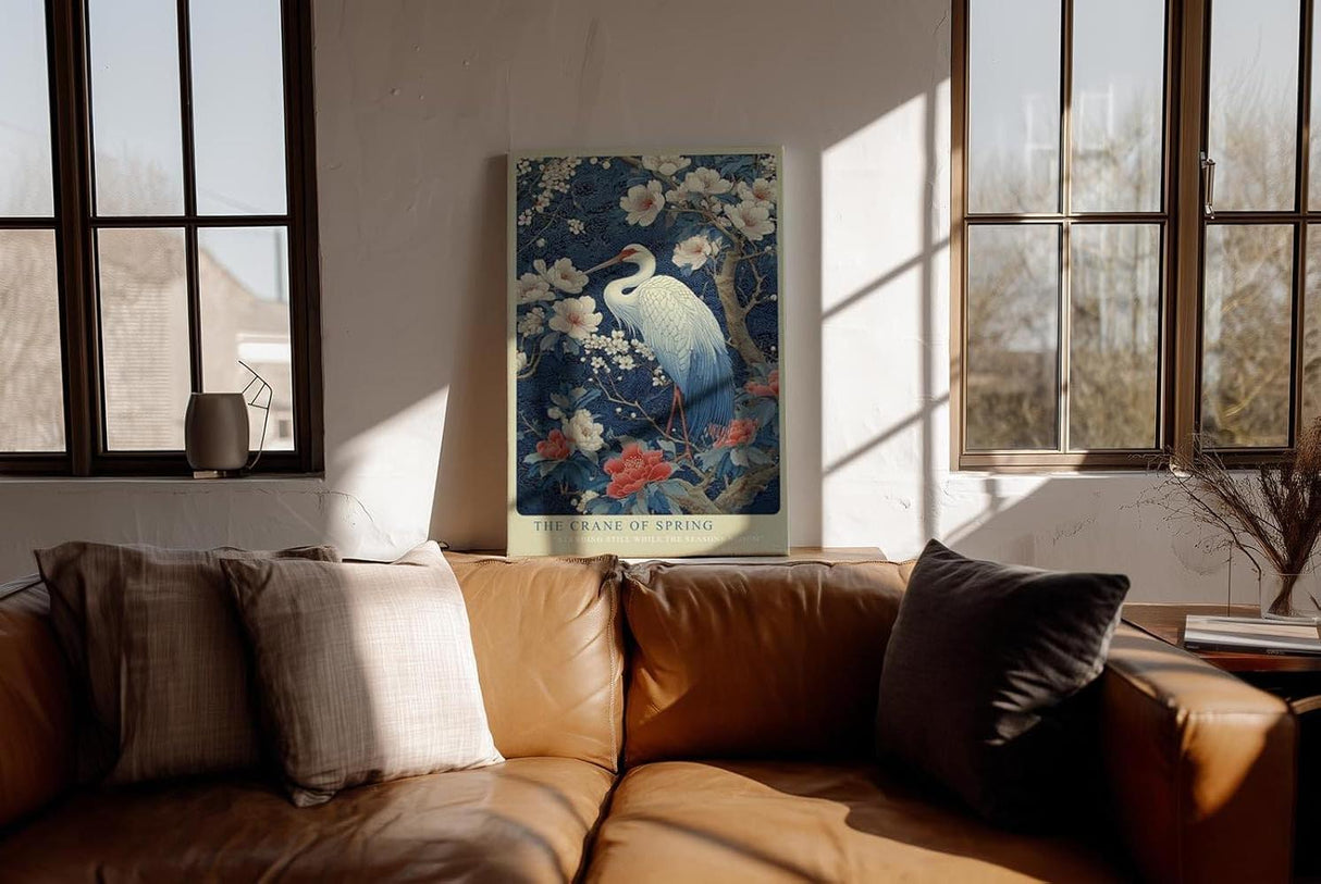Paul Sinus Wandbild in 40x60cm The Crane of Spring mit elegantem Kranich zwischen blühenden Magnolien für harmonische Wandgestaltung
