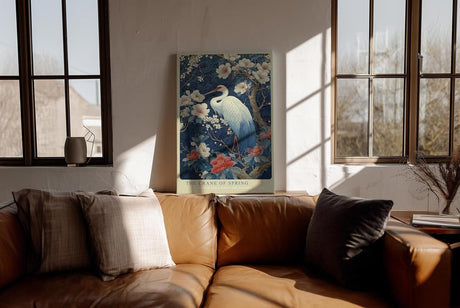 Paul Sinus Wandbild in 40x60cm The Crane of Spring mit elegantem Kranich zwischen blühenden Magnolien für harmonische Wandgestaltung