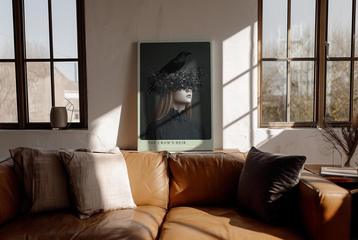 Paul Sinus Wandbild in 40x60cm The Crow's Heir – Porträt einer Frau mit Krähenkrone aus Zweigen und Blättern