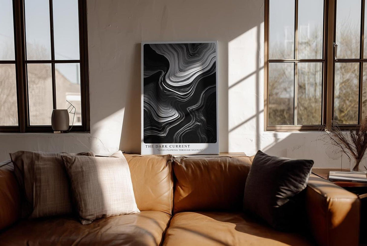 Paul Sinus Wandbild in 40x60cm The Dark Current – Abstrakte Schwarz-Weiß-Linienstrukturen mit fließender Bewegung und tiefem Kontrast