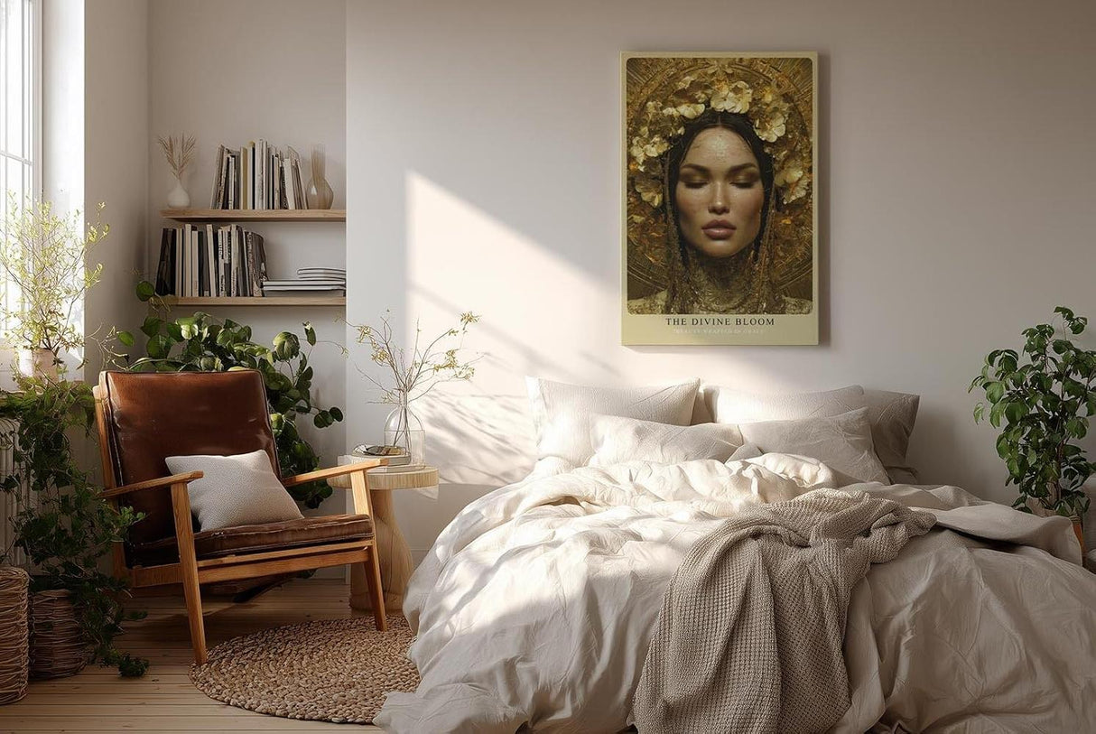 Paul Sinus Wandbild in 40x60cm The Divine Bloom – Majestätisches Porträt mit goldener Blumenkrone und feinen Details