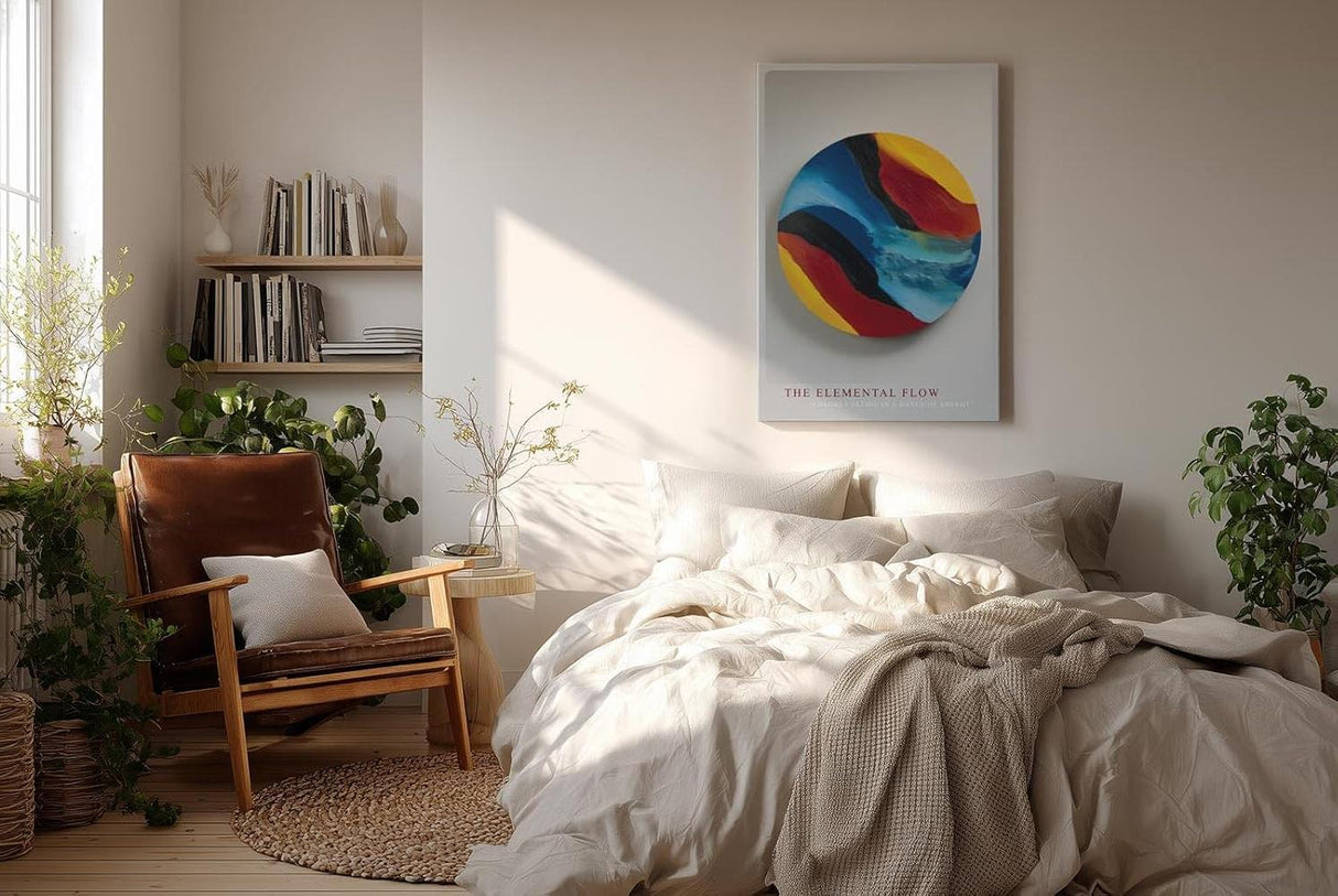 Paul Sinus Wandbild in 40x60cm The Elemental Flow – Abstraktes Rundmotiv in kräftigen Blau-, Rot-, Gelbund Schwarztönen