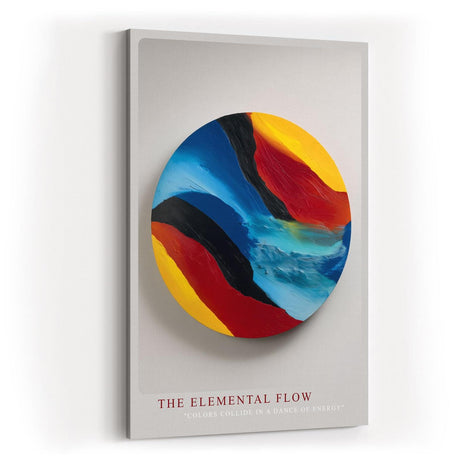 Paul Sinus Wandbild in 40x60cm The Elemental Flow – Abstraktes Rundmotiv in kräftigen Blau-, Rot-, Gelbund Schwarztönen