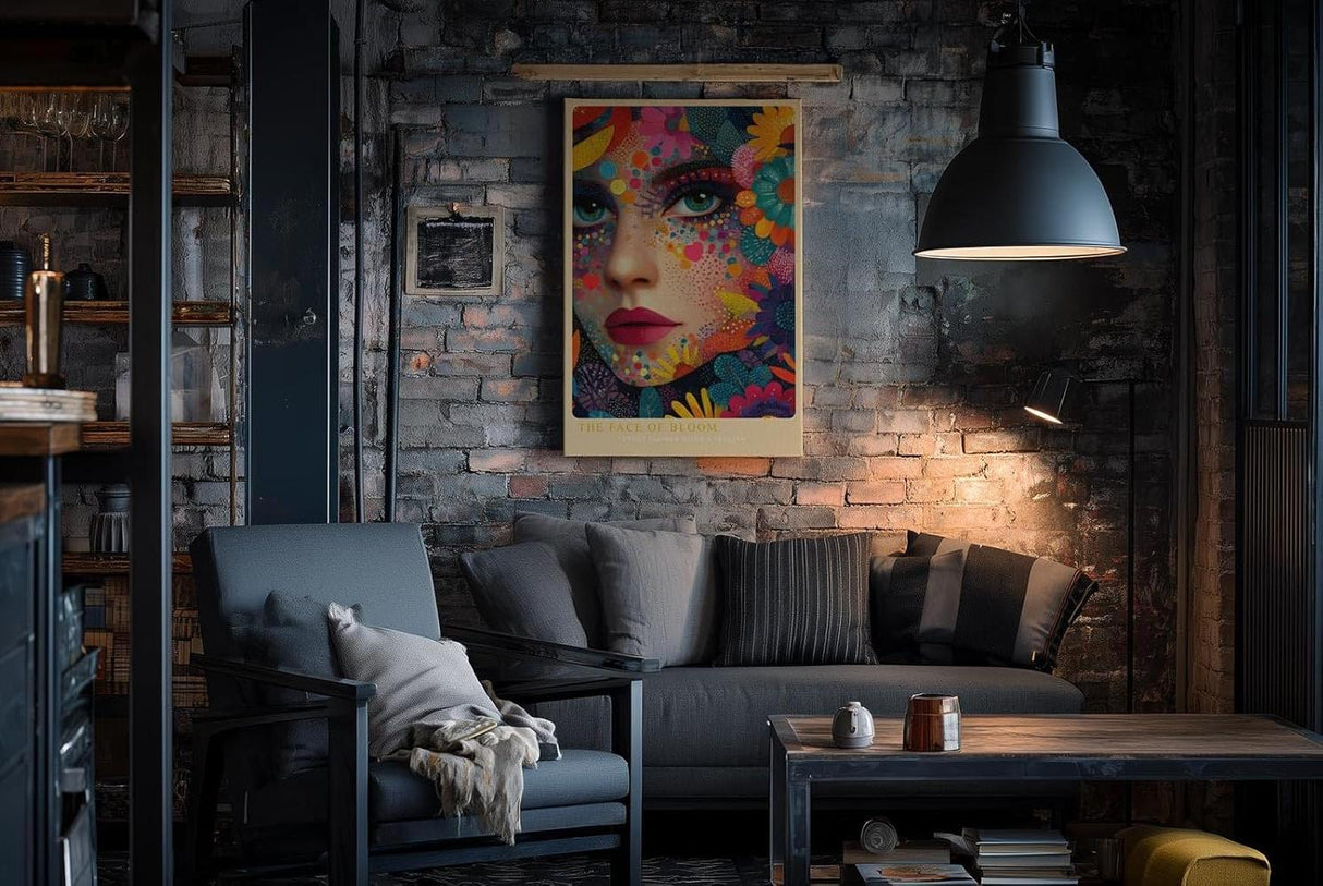 Paul Sinus Wandbild in 40x60cm The Face of Bloom Ausdrucksvolles Frauengesicht kunstvoll umrahmt von bunten Blüten und farbenfrohen Mustern für moderne Raumgestaltung