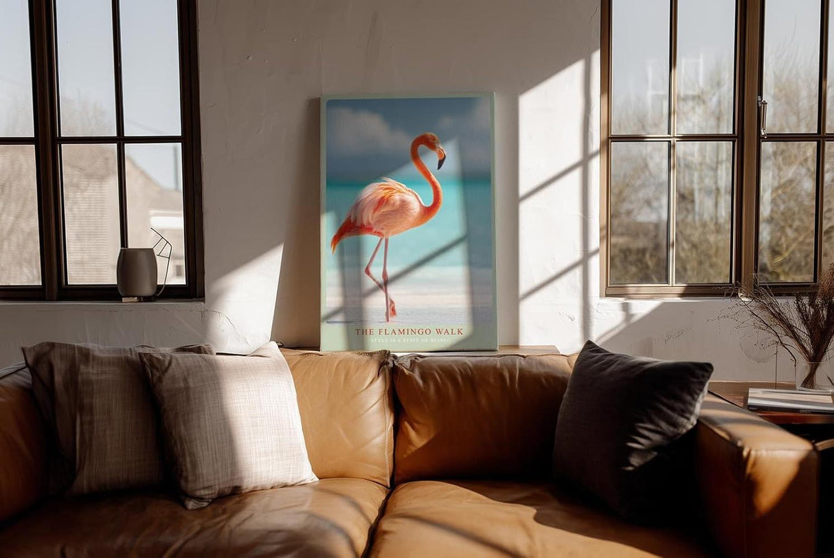Paul Sinus Wandbild in 40x60cm The Flamingo Walk Eleganter Flamingo am Strand mit türkisfarbenem Meer im Hintergrund für stilvolle Raumgestaltung