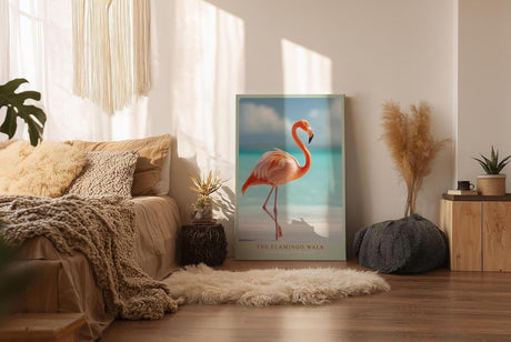 Paul Sinus Wandbild in 40x60cm The Flamingo Walk Eleganter Flamingo am Strand mit türkisfarbenem Meer im Hintergrund für stilvolle Raumgestaltung