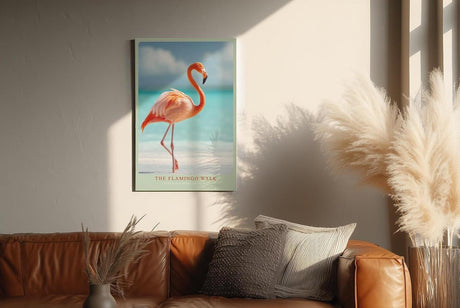 Paul Sinus Wandbild in 40x60cm The Flamingo Walk Eleganter Flamingo am Strand mit türkisfarbenem Meer im Hintergrund für stilvolle Raumgestaltung