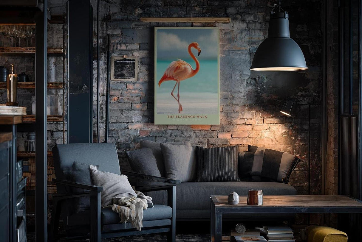 Paul Sinus Wandbild in 40x60cm The Flamingo Walk Eleganter Flamingo am Strand mit türkisfarbenem Meer im Hintergrund für stilvolle Raumgestaltung