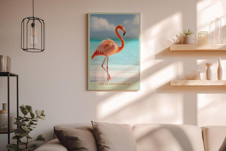 Paul Sinus Wandbild in 40x60cm The Flamingo Walk Eleganter Flamingo am Strand mit türkisfarbenem Meer im Hintergrund für stilvolle Raumgestaltung