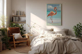 Paul Sinus Wandbild in 40x60cm The Flamingo Walk Eleganter Flamingo am Strand mit türkisfarbenem Meer im Hintergrund für stilvolle Raumgestaltung
