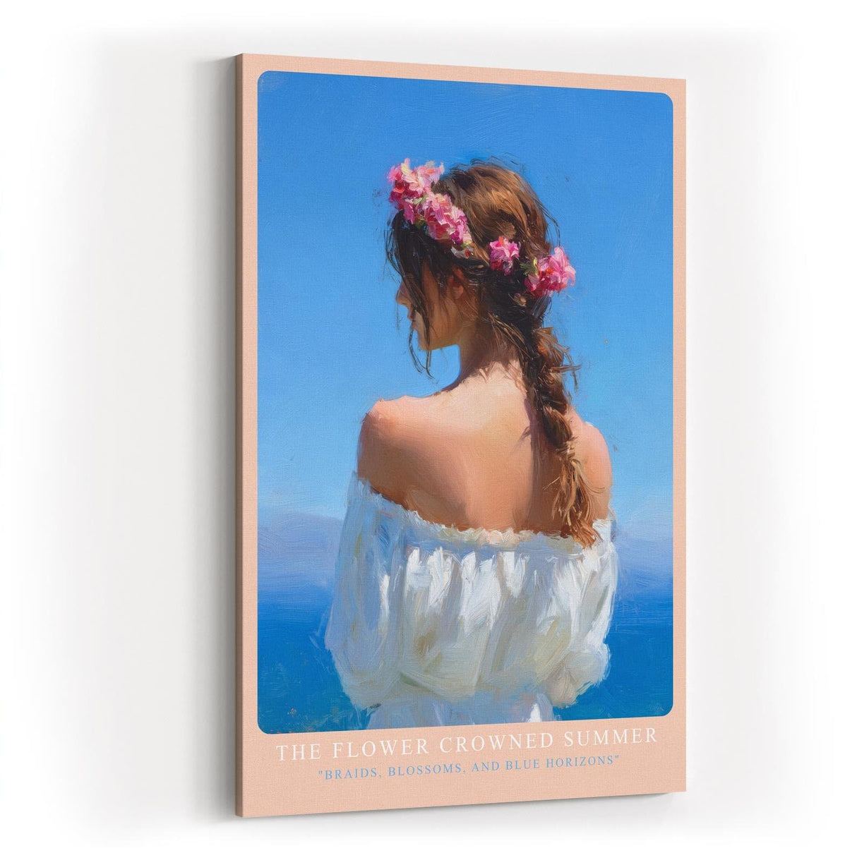 Paul Sinus Wandbild in 40x60cm The Flower Crowned Summer Romantic Woman with Floral Hair Wreath by the Sea in Sunlit Colors
