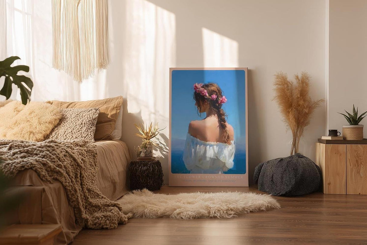 Paul Sinus Wandbild in 40x60cm The Flower Crowned Summer Romantic Woman with Floral Hair Wreath by the Sea in Sunlit Colors