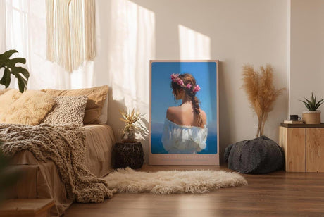 Paul Sinus Wandbild in 40x60cm The Flower Crowned Summer Romantic Woman with Floral Hair Wreath by the Sea in Sunlit Colors