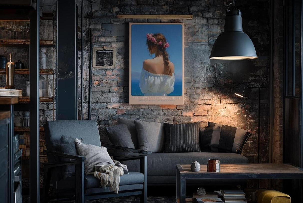 Paul Sinus Wandbild in 40x60cm The Flower Crowned Summer Romantic Woman with Floral Hair Wreath by the Sea in Sunlit Colors