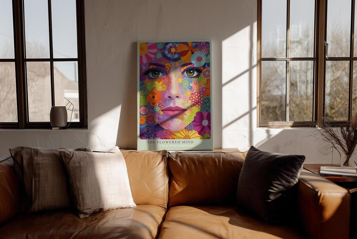Paul Sinus Wandbild in 40x60cm The Flowered Mind Farbenprächtiges Frauenporträt mit floralen Mustern und verspielter Farbvielfalt für kreative Raumakzente