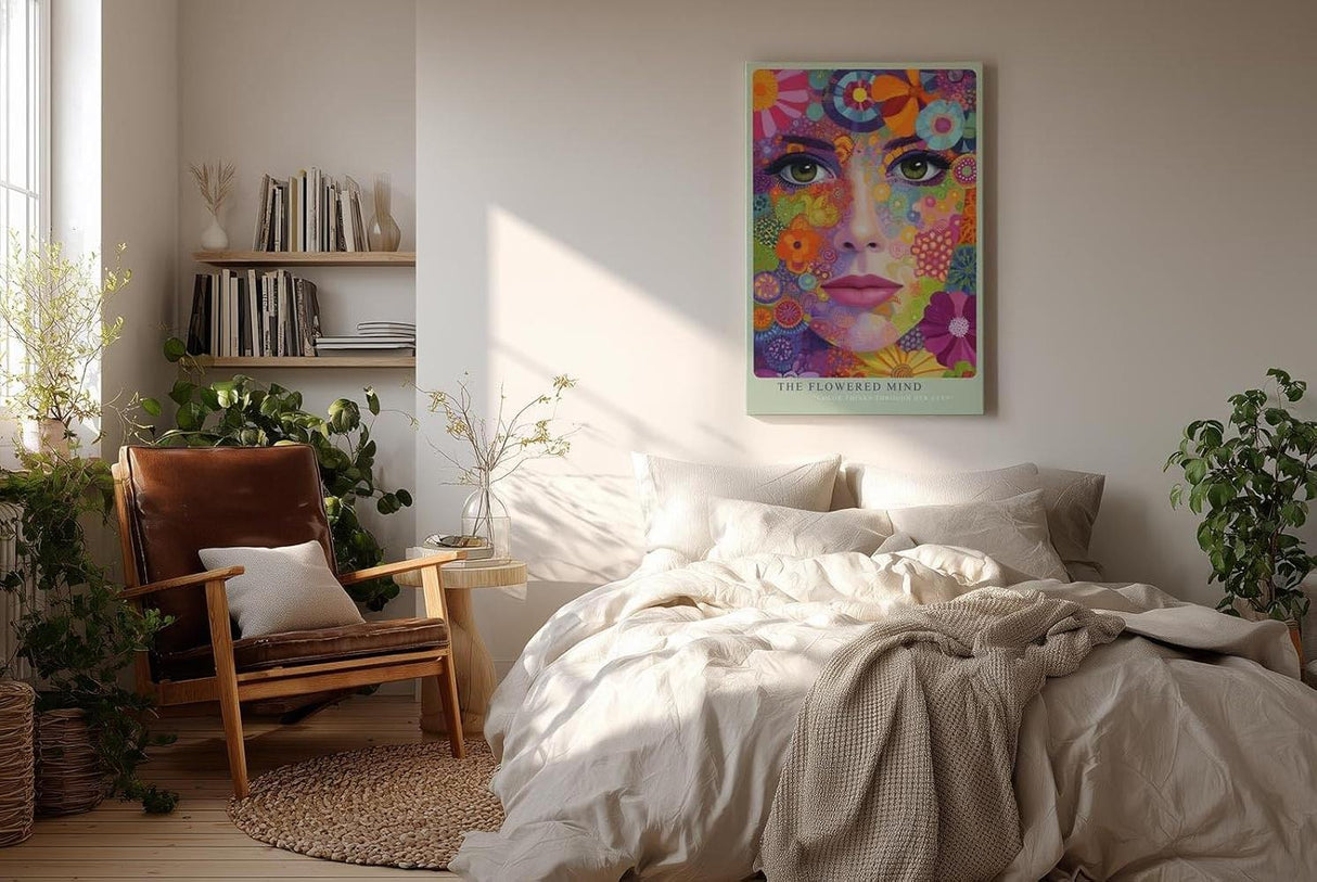 Paul Sinus Wandbild in 40x60cm The Flowered Mind Farbenprächtiges Frauenporträt mit floralen Mustern und verspielter Farbvielfalt für kreative Raumakzente