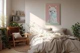 Paul Sinus Wandbild in 40x60cm The Fluffy Chewer – Verspielte Darstellung eines weißen Alpakas mit Kaugummiblase vor pastellrosa Hintergrund
