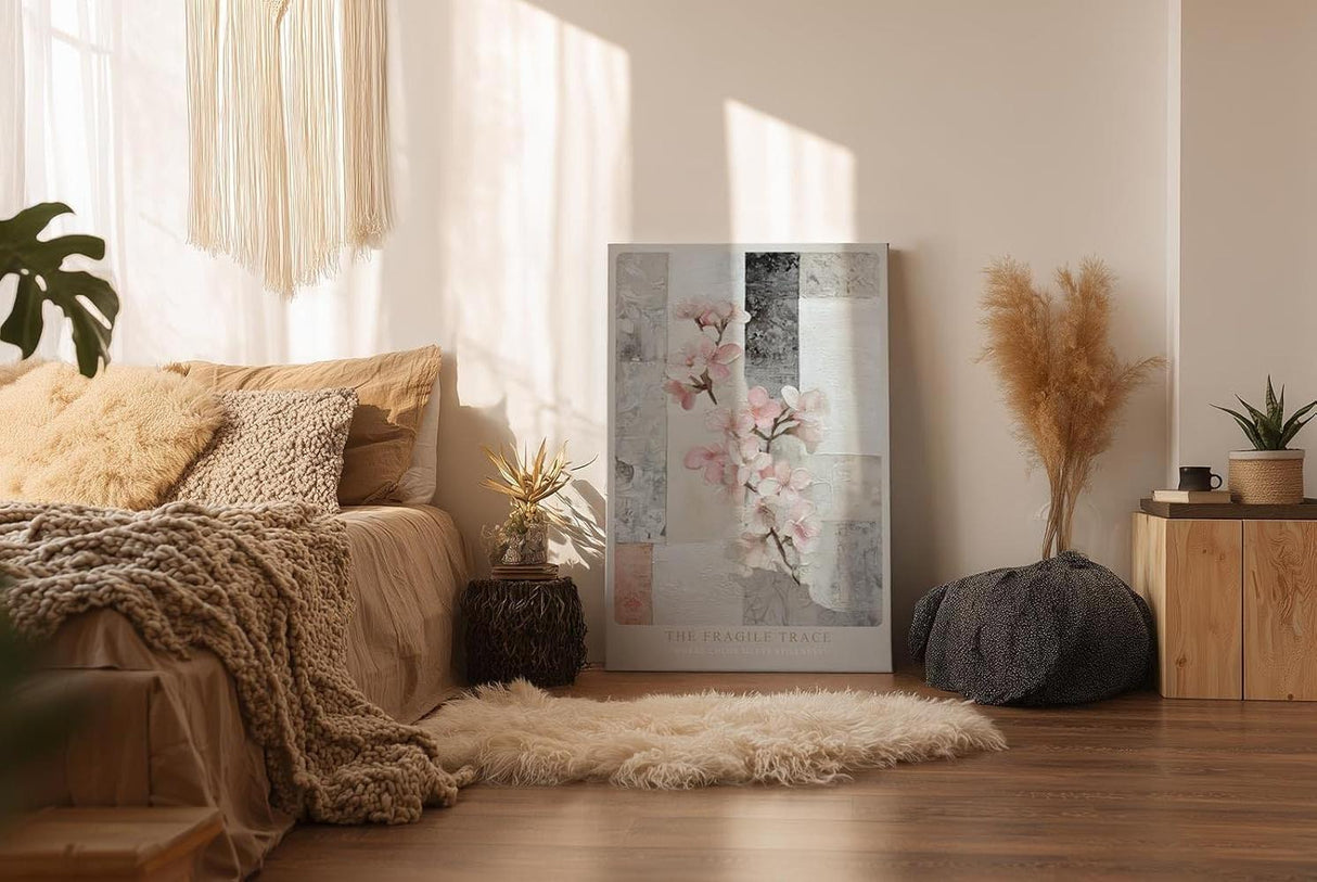Paul Sinus Wandbild in 40x60cm The Fragile Trace – zarte Blüten auf strukturiertem Hintergrund, elegante florale Kunst in sanften Farben