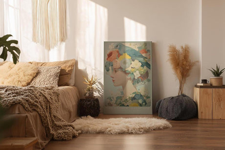Paul Sinus Wandbild in 40x60cm The Garden Inside Her – Zartes Porträt einer Frau mit Blütenkrone und Vogel in pastellfarbener Komposition