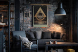 Paul Sinus Wandbild in 40x60cm The Geometric Code – Abstraktes Design mit überlappenden goldenen Dreiecken und Kreisen auf dunkler Texturfläche