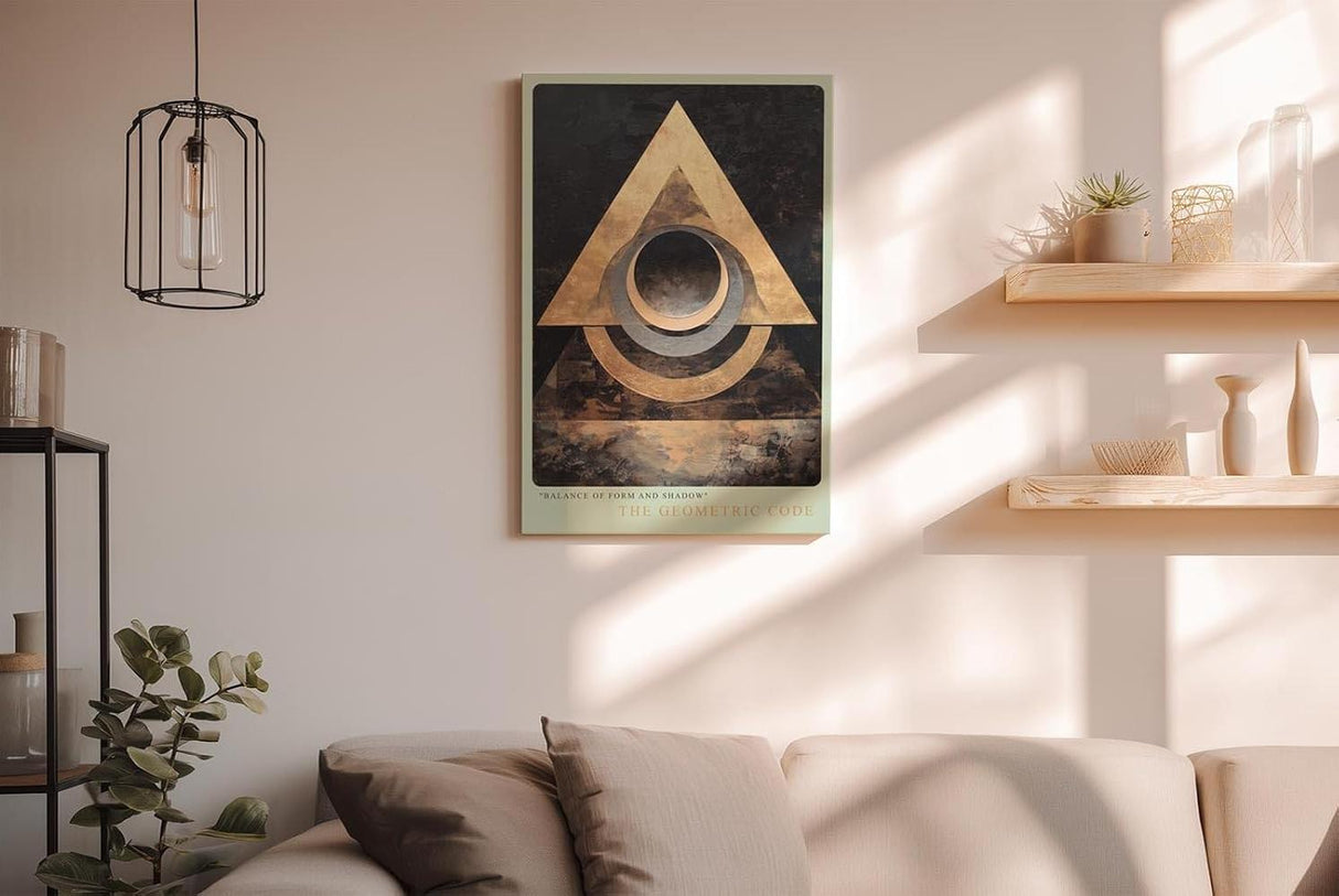 Paul Sinus Wandbild in 40x60cm The Geometric Code – Abstraktes Design mit überlappenden goldenen Dreiecken und Kreisen auf dunkler Texturfläche