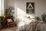 Paul Sinus Wandbild in 40x60cm The Geometric Code – Abstraktes Design mit überlappenden goldenen Dreiecken und Kreisen auf dunkler Texturfläche