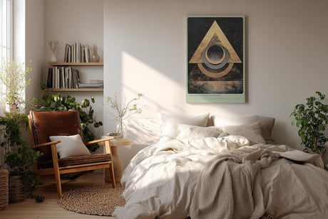 Paul Sinus Wandbild in 40x60cm The Geometric Code – Abstraktes Design mit überlappenden goldenen Dreiecken und Kreisen auf dunkler Texturfläche