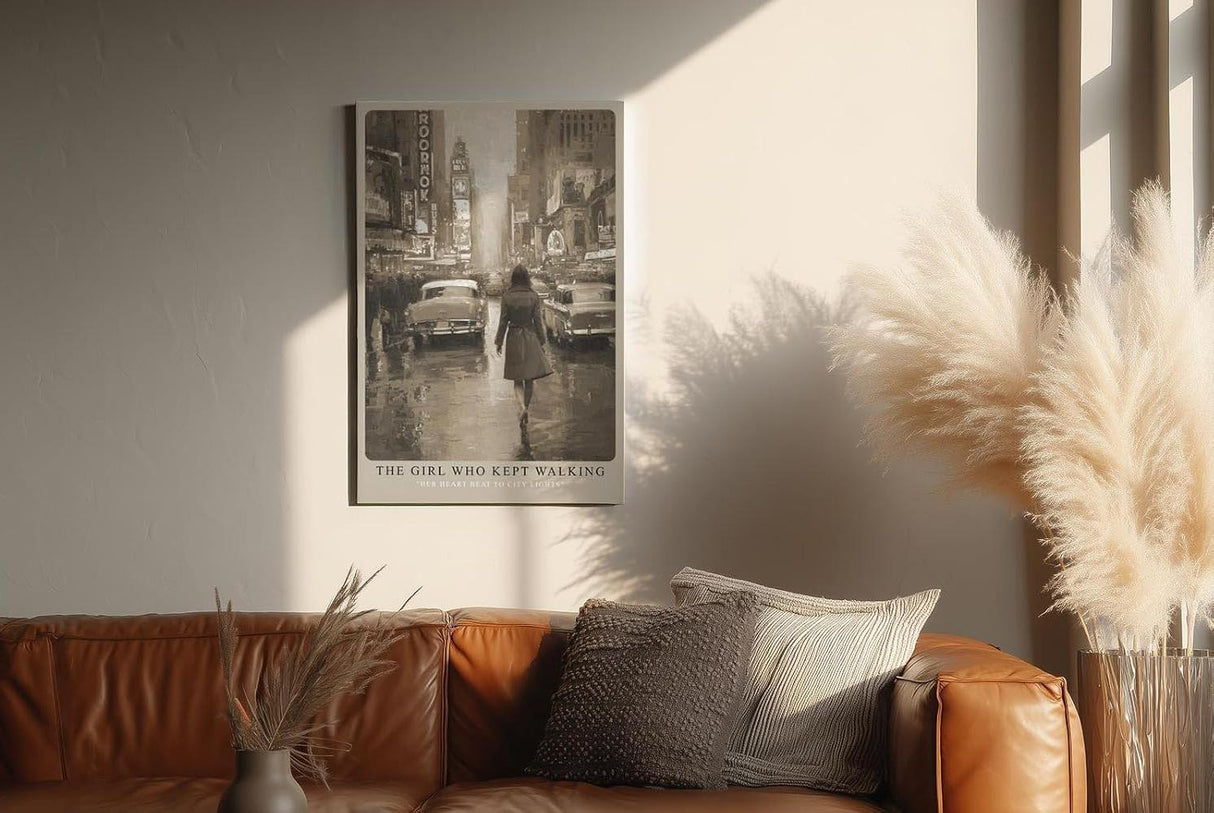 Paul Sinus Wandbild in 40x60cm The Girl Who Kept Walking Retro City Street Scene in Sepia with Vintage Cars and Rainy Atmosphere