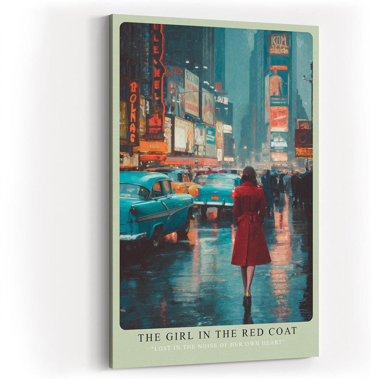 Paul Sinus Wandbild in 40x60cm The Girl in the Red Coat Impressionistische Stadtszene mit Frau im roten Mantel im nächtlichen Times Square