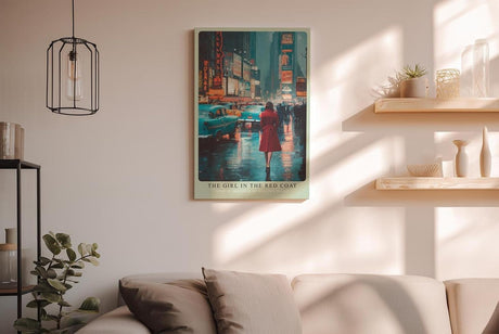 Paul Sinus Wandbild in 40x60cm The Girl in the Red Coat Impressionistische Stadtszene mit Frau im roten Mantel im nächtlichen Times Square