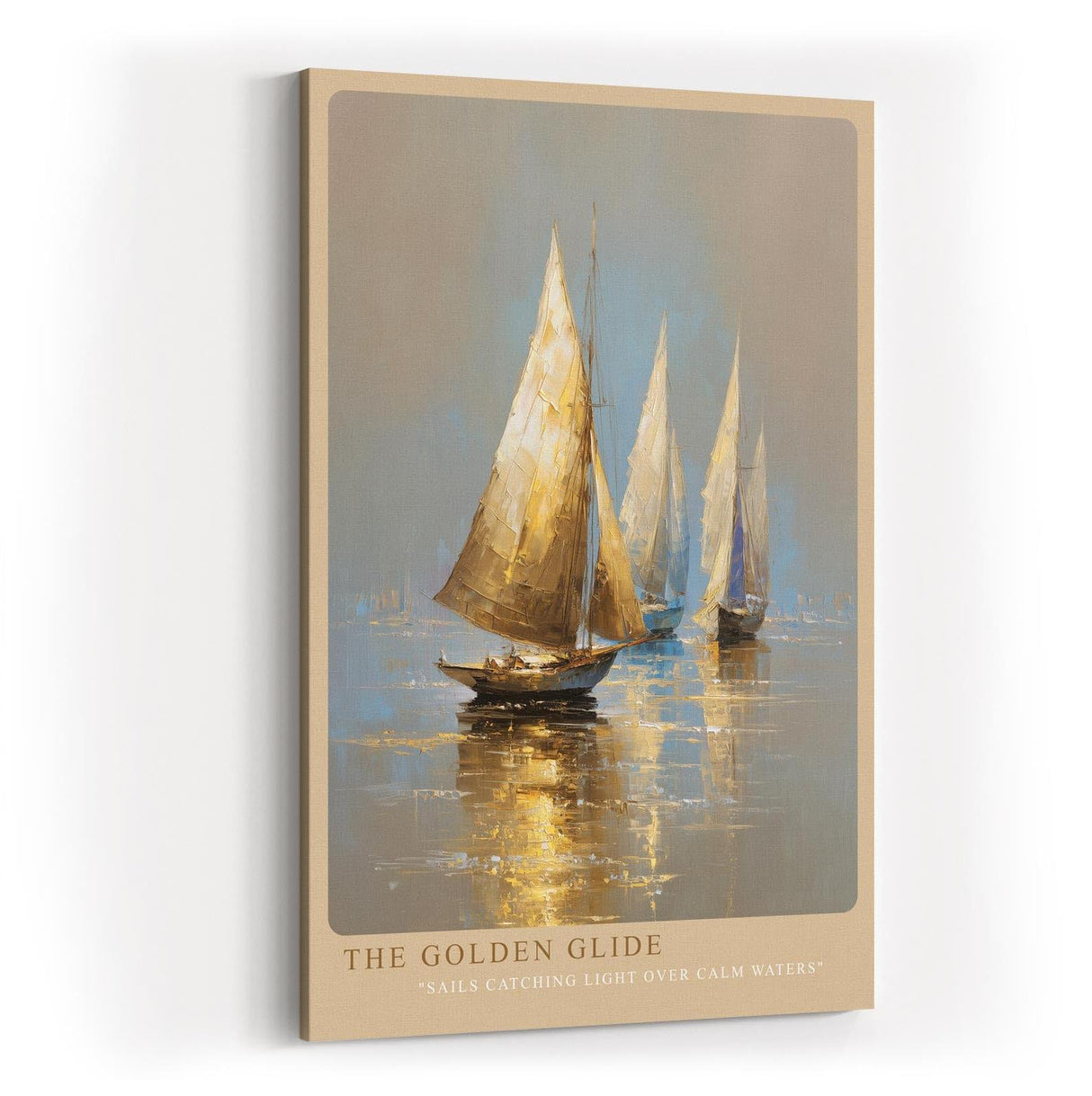 Paul Sinus Wandbild in 40x60cm The Golden Glide – Goldene Segelboote auf ruhigem Wasser im warmen Licht