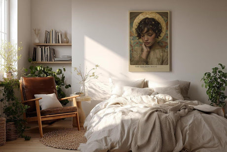 Paul Sinus Wandbild in 40x60cm The Golden Halo – Elegantes Porträt einer jungen Frau mit goldenem Heiligenschein in sanften, warmen Farbtönen für stilvolle Raumgestaltung