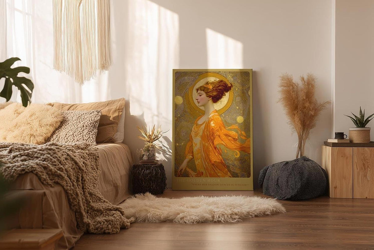 Paul Sinus Wandbild in 40x60cm The Golden Hour mit eleganter Frau in goldener Robe vor strahlendem Kreis für luxuriöse Wandgestaltung