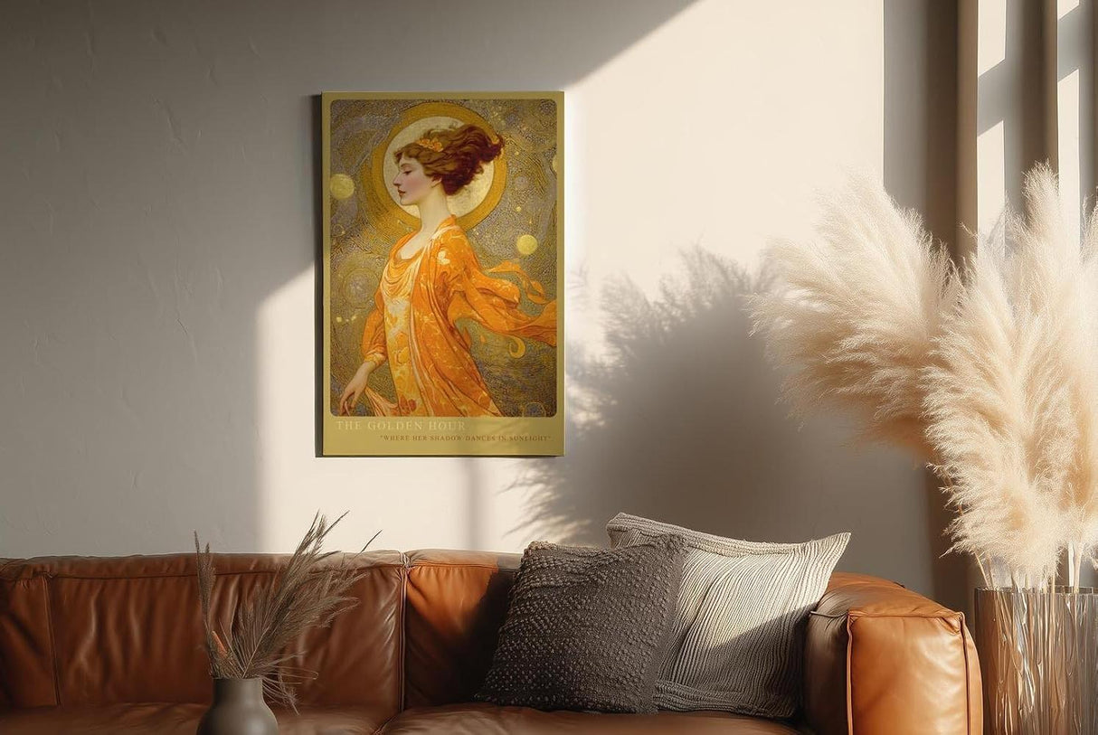 Paul Sinus Wandbild in 40x60cm The Golden Hour mit eleganter Frau in goldener Robe vor strahlendem Kreis für luxuriöse Wandgestaltung