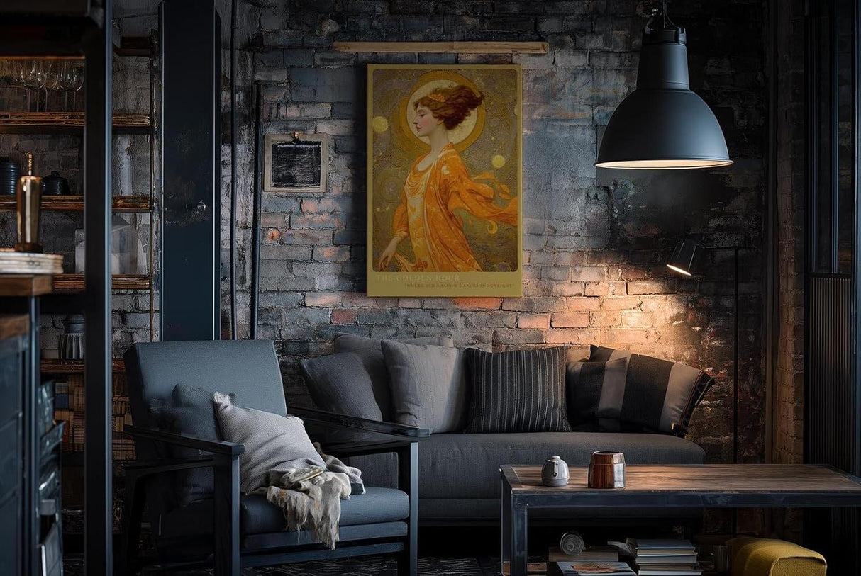 Paul Sinus Wandbild in 40x60cm The Golden Hour mit eleganter Frau in goldener Robe vor strahlendem Kreis für luxuriöse Wandgestaltung