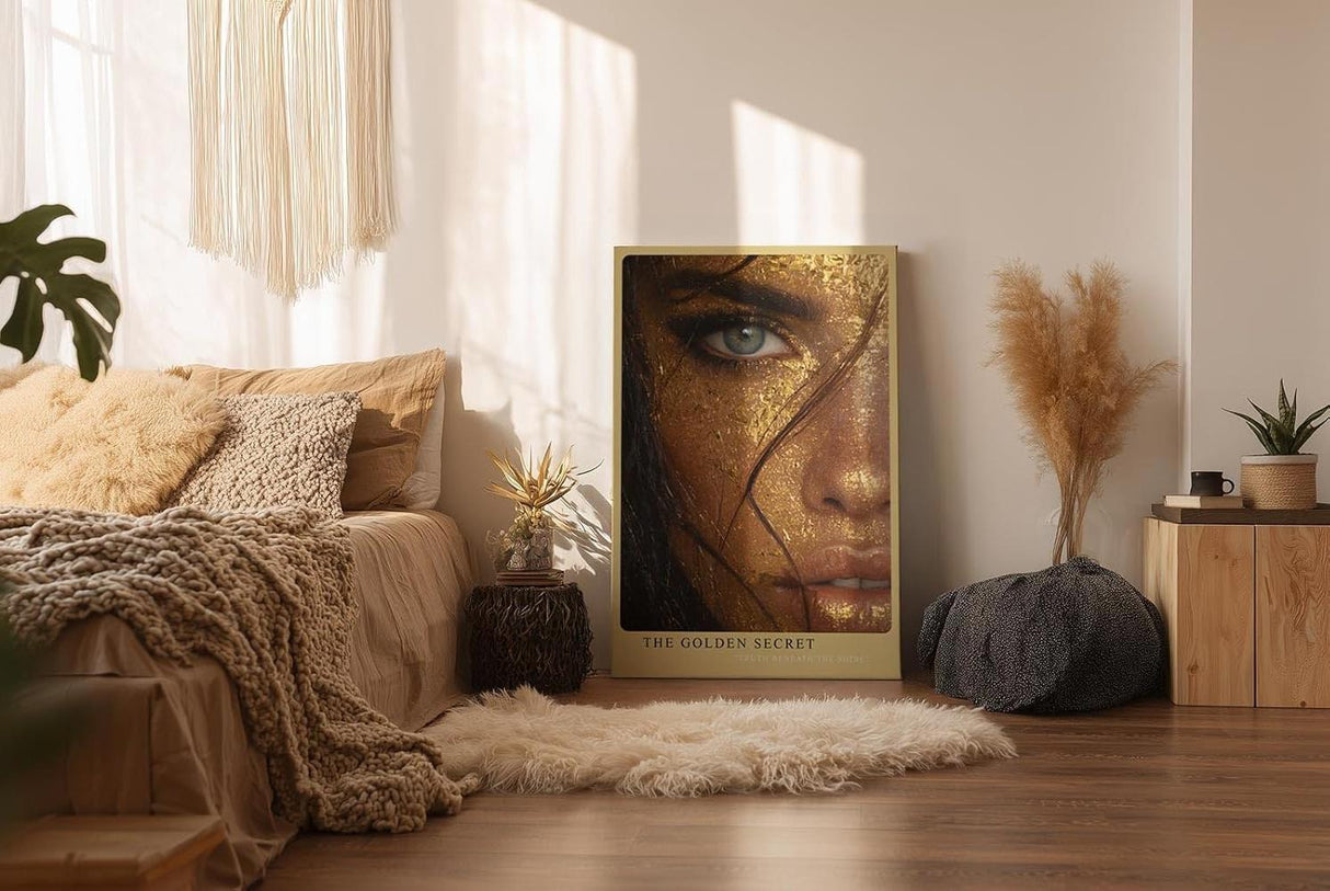 Paul Sinus Wandbild in 40x60cm The Golden Secret – Intensives Porträt mit goldener Blattoptik und blauem Auge in Nahaufnahme