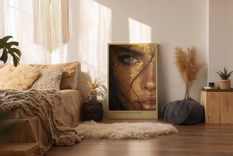 Paul Sinus Wandbild in 40x60cm The Golden Secret – Intensives Porträt mit goldener Blattoptik und blauem Auge in Nahaufnahme