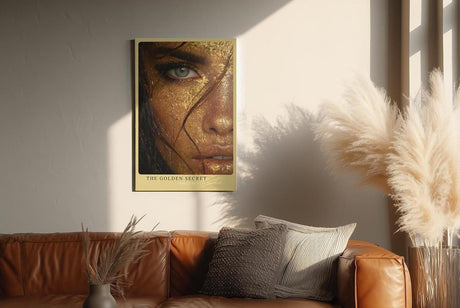 Paul Sinus Wandbild in 40x60cm The Golden Secret – Intensives Porträt mit goldener Blattoptik und blauem Auge in Nahaufnahme