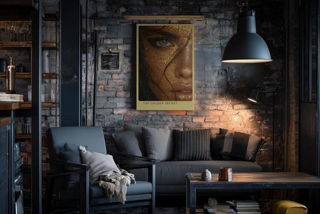Paul Sinus Wandbild in 40x60cm The Golden Secret – Intensives Porträt mit goldener Blattoptik und blauem Auge in Nahaufnahme