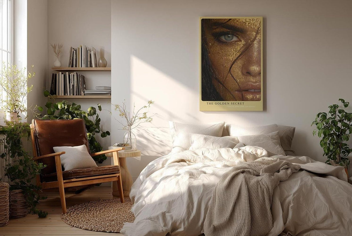 Paul Sinus Wandbild in 40x60cm The Golden Secret – Intensives Porträt mit goldener Blattoptik und blauem Auge in Nahaufnahme