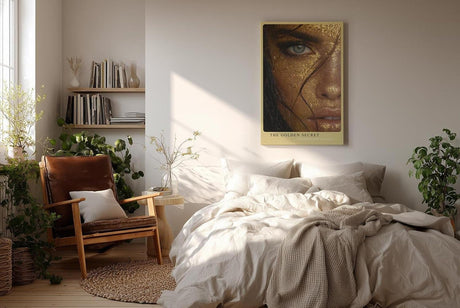 Paul Sinus Wandbild in 40x60cm The Golden Secret – Intensives Porträt mit goldener Blattoptik und blauem Auge in Nahaufnahme