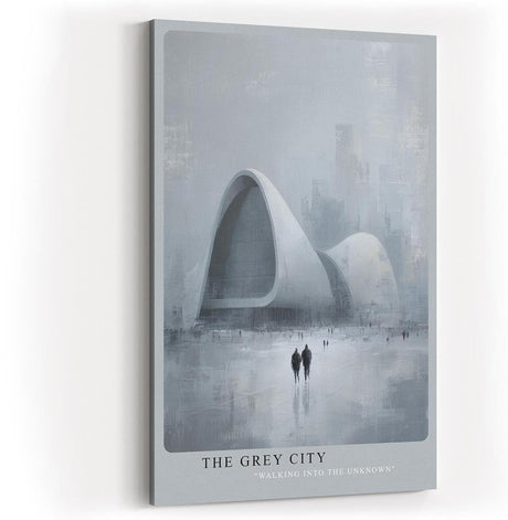 Paul Sinus Wandbild in 40x60cm The Grey City Futuristische Architektur in grauer, nebliger Stadtlandschaft mit zwei Figuren im Vordergrund