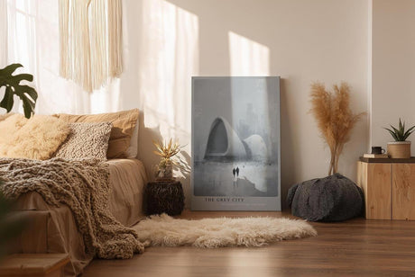 Paul Sinus Wandbild in 40x60cm The Grey City Futuristische Architektur in grauer, nebliger Stadtlandschaft mit zwei Figuren im Vordergrund