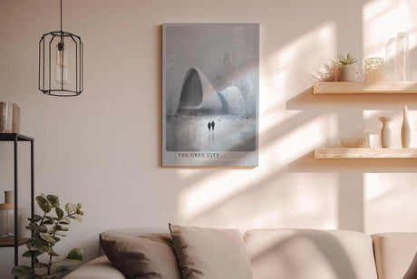 Paul Sinus Wandbild in 40x60cm The Grey City Futuristische Architektur in grauer, nebliger Stadtlandschaft mit zwei Figuren im Vordergrund