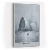 Paul Sinus Wandbild in 40x60cm The Grey City Futuristische Architektur in grauer, nebliger Stadtlandschaft mit zwei Figuren im Vordergrund