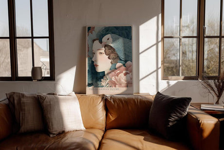 Paul Sinus Wandbild in 40x60cm The Guardian Plume – Ausdrucksstarkes Frauenporträt mit großem Vogel und floraler Umrahmung in gedämpften Tönen