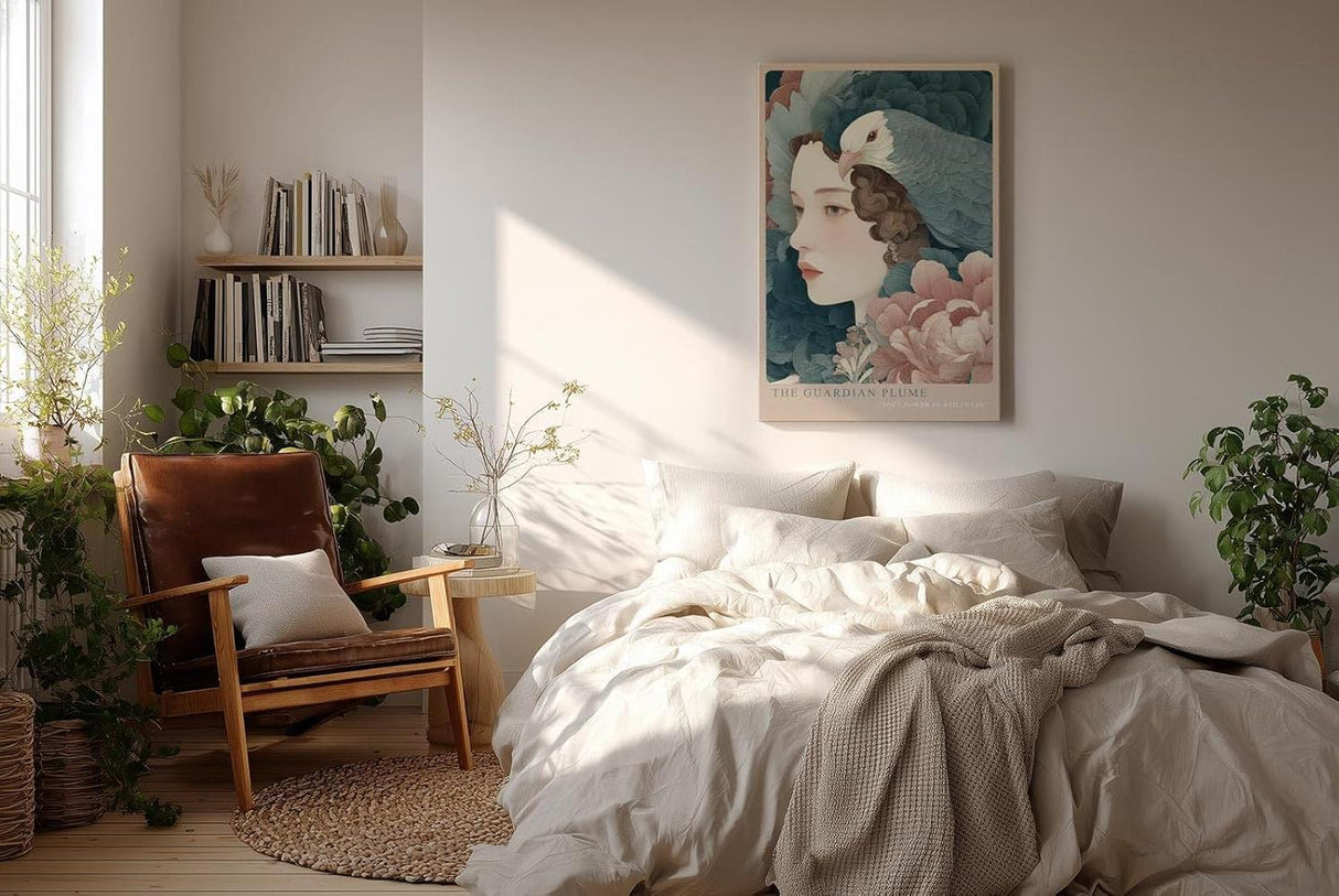 Paul Sinus Wandbild in 40x60cm The Guardian Plume – Ausdrucksstarkes Frauenporträt mit großem Vogel und floraler Umrahmung in gedämpften Tönen