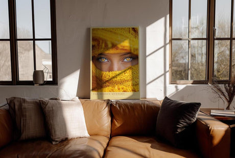 Paul Sinus Wandbild in 40x60cm The Hidden Mystery – Intensives Porträt mit goldenen Augen und gelbem Schal in Nahaufnahme